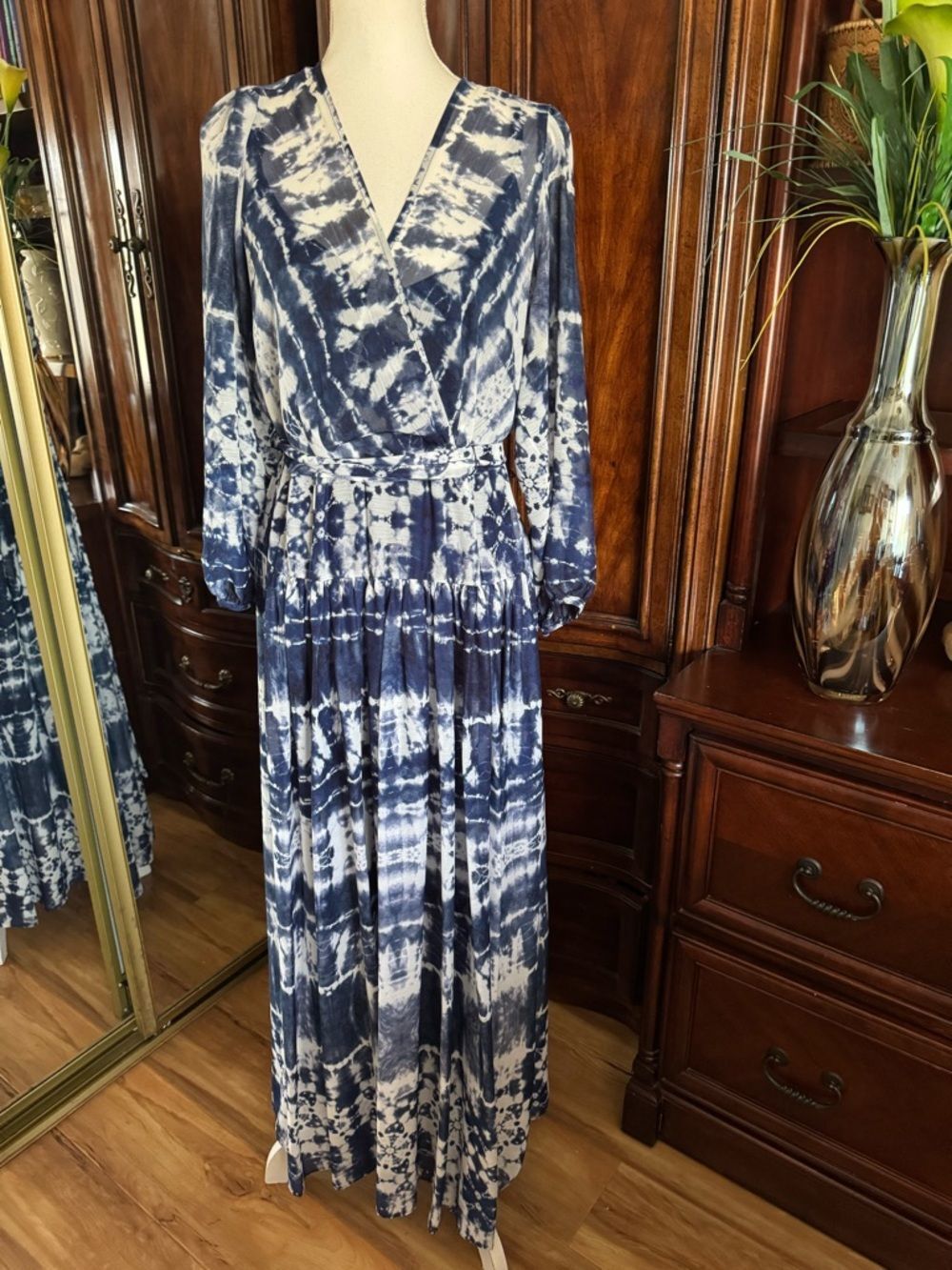 Calvin Klein Navy and White Tie-Dye Maxi Dress